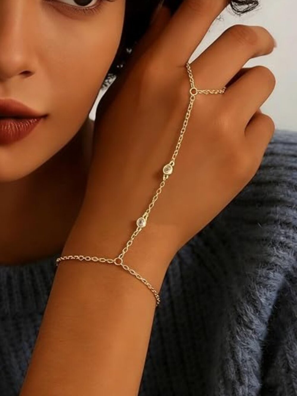4 Pcs Gold Hand Chain Bracelet Set Dainty CZ Ring Stackable Jewelry